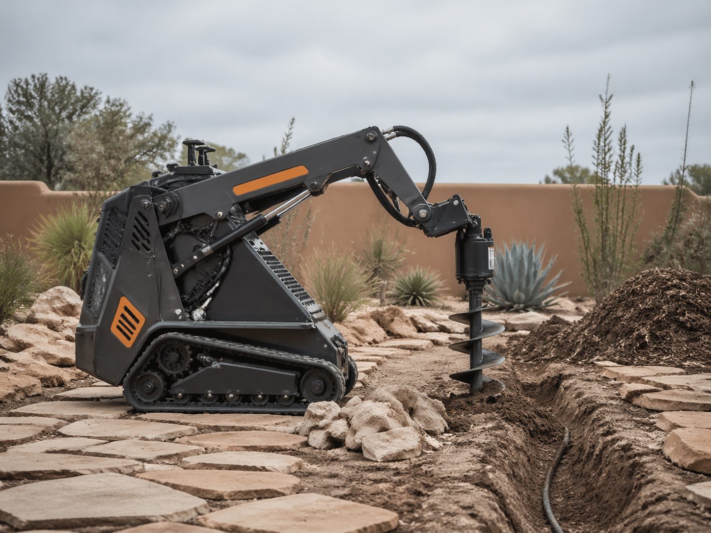 Mini stand-on skid steer with auger attachment on residential xeriscape site, Iron Attachments
