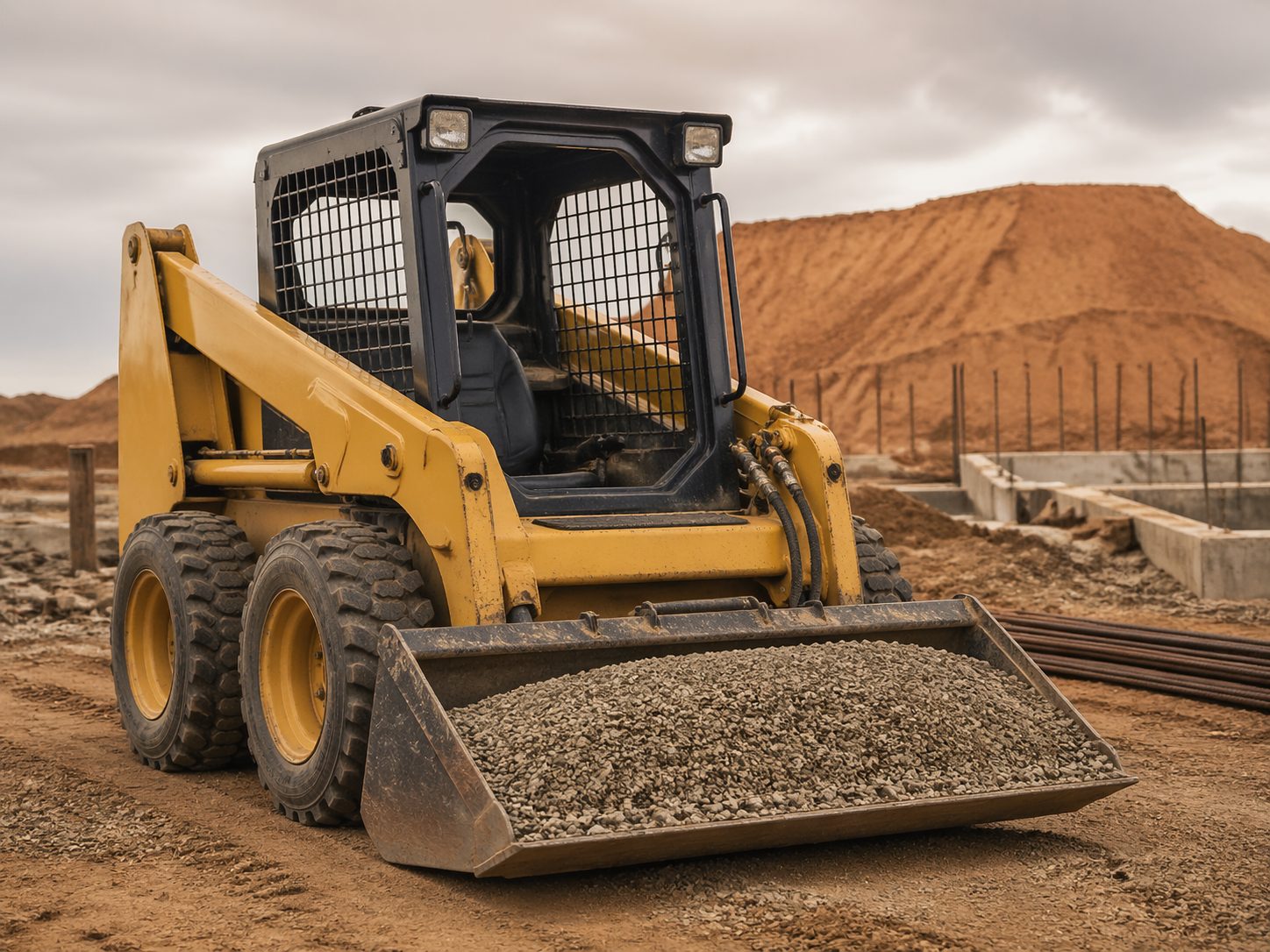 Mid-size skid steer loader with heavy-duty bucket attachment on New Mexico jobsite, Iron Attachments