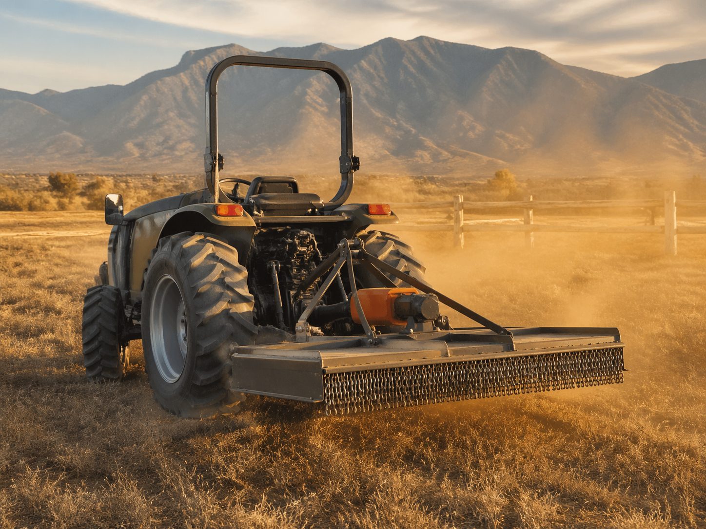Utility tractor with 3-point rotary brush cutter on Sandia foothills pasture, Iron Attachments