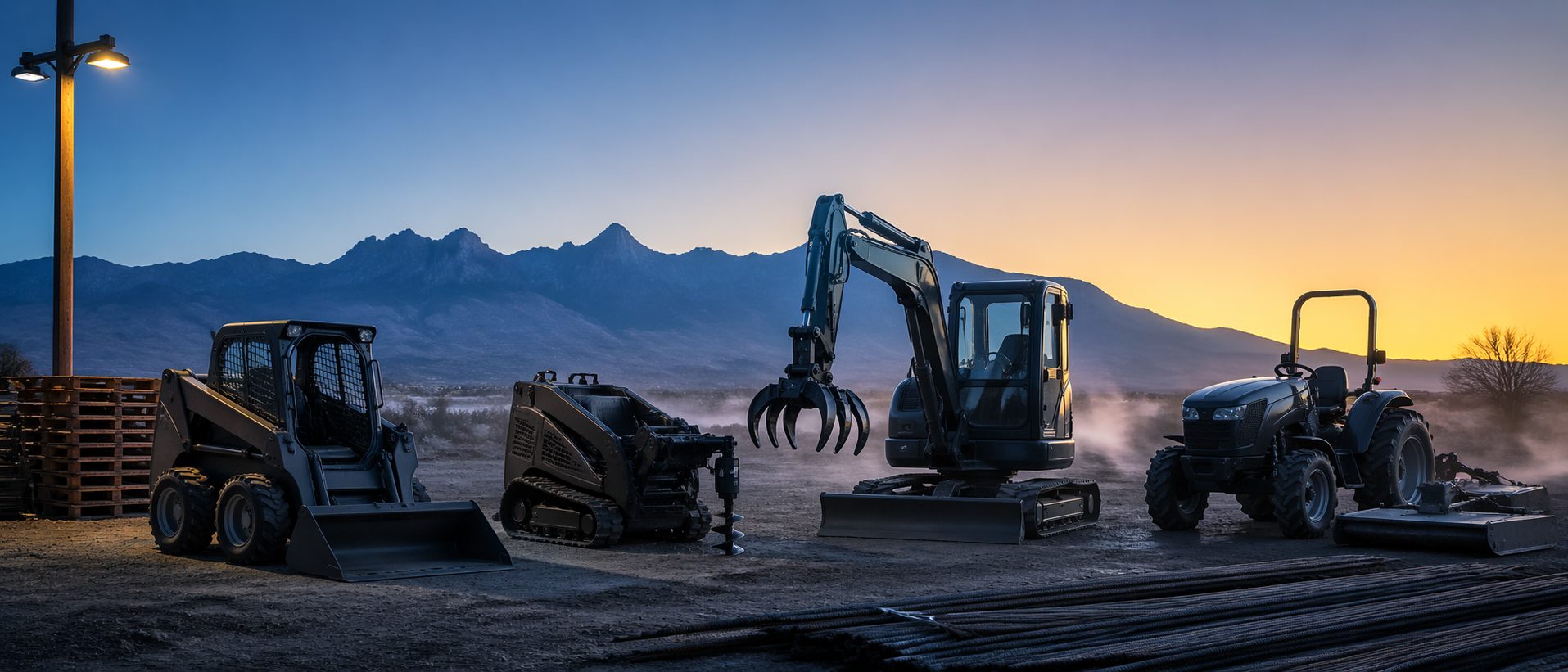Four construction machines lined up at dawn on New Mexico equipment yard, Iron Attachments dealer imagery
