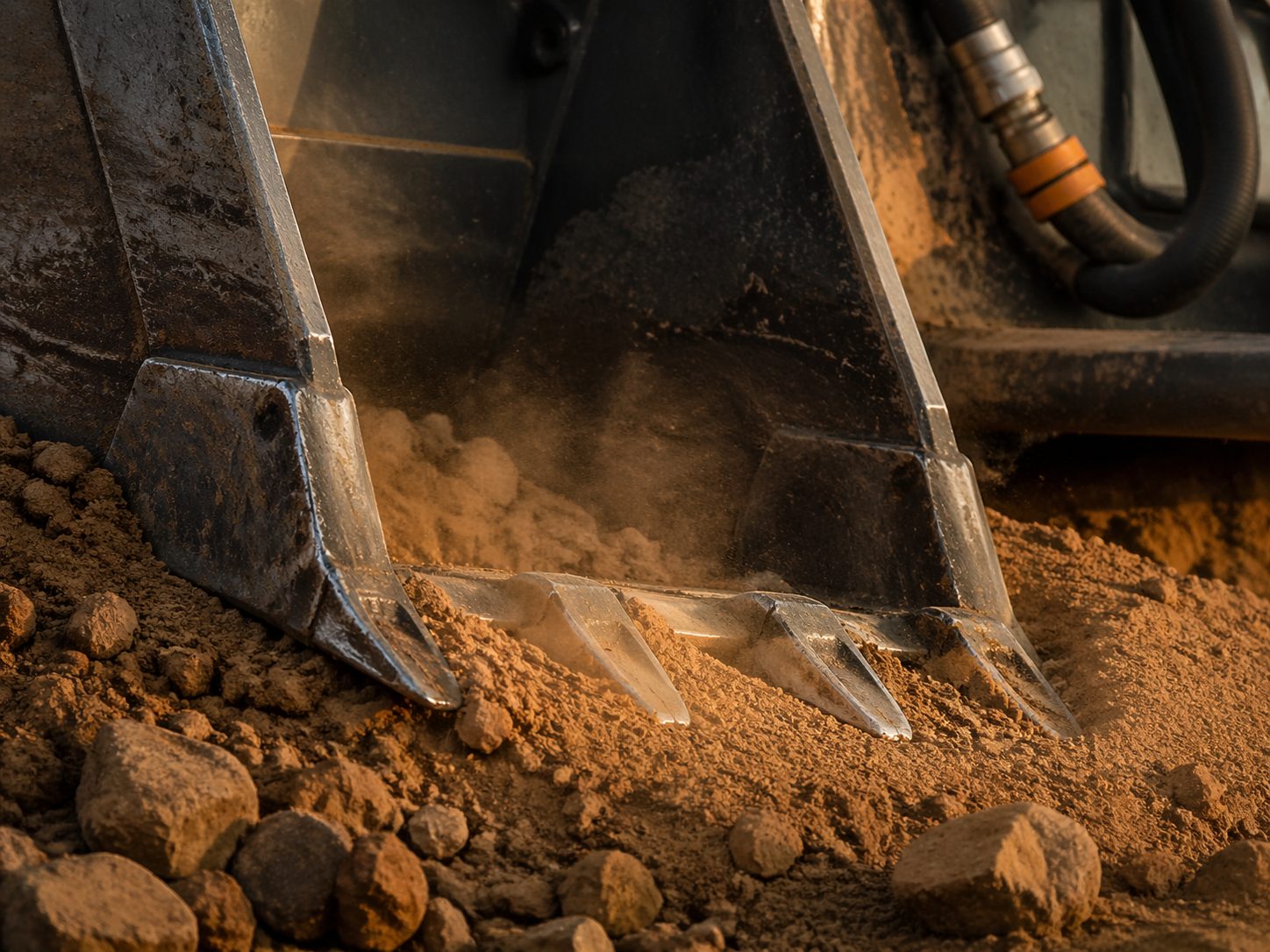 Close-up of heavy-duty steel skid-steer bucket cutting edge biting into New Mexico earth at dawn, Iron Attachments